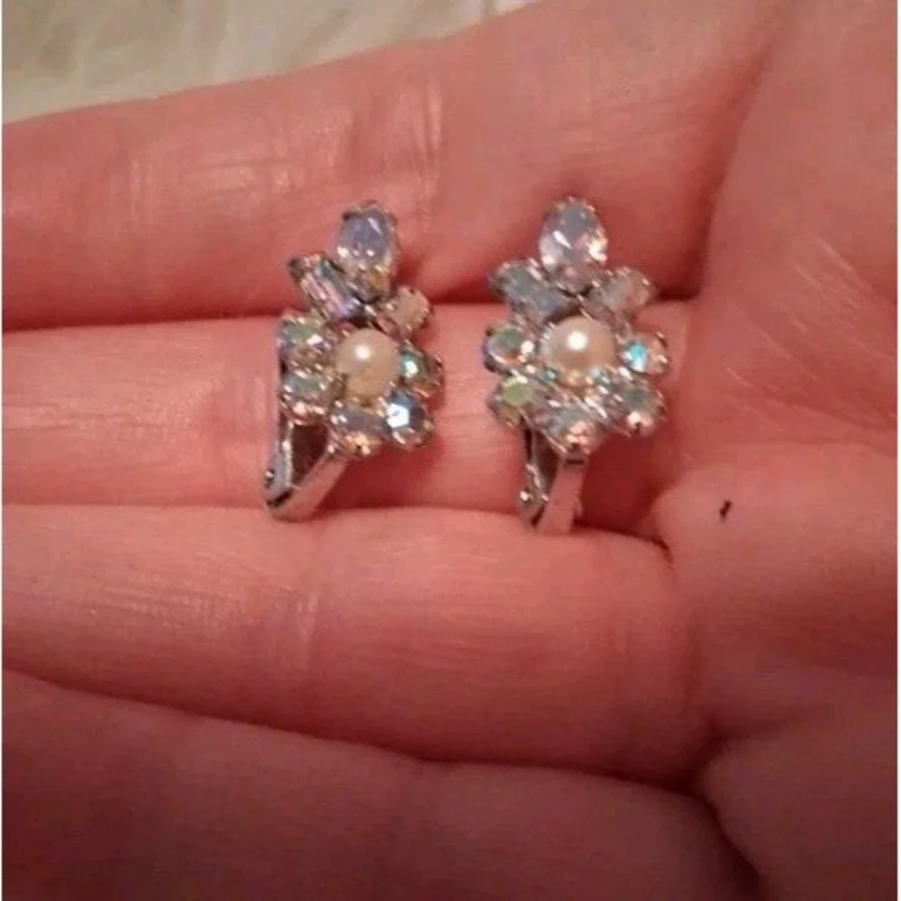 Vintage Sterling Silver Rhinestone Faux Pearl Clip-on Earrings